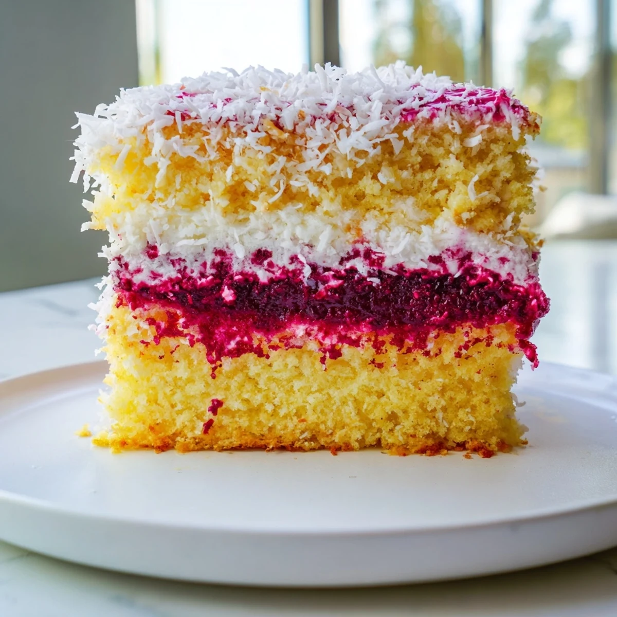 Bright pink raspberry lamingtons coated in fluffy coconut on a wire rack