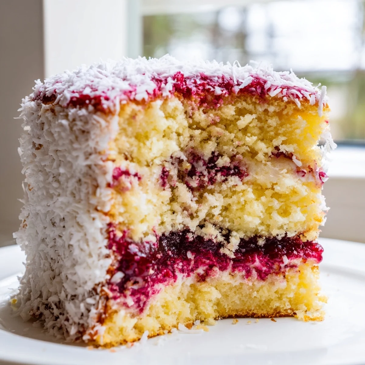 Tender raspberry lamingtons cut open to reveal jam and whipped cream filling