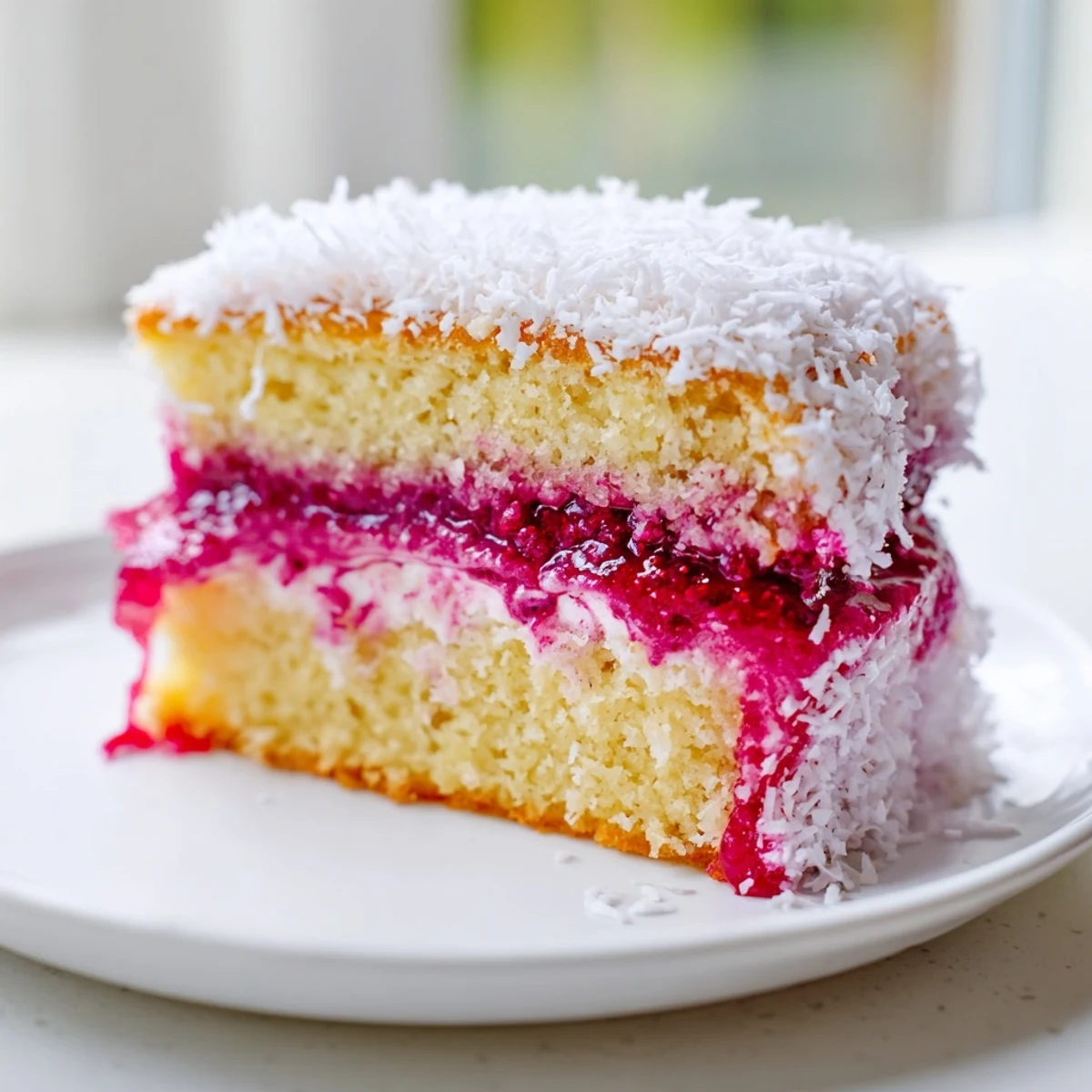 Golden sponge squares dripping with vibrant raspberry syrup before coconut coating
