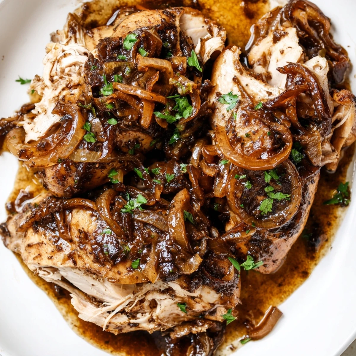 Juicy Slow Cooker Balsamic Chicken glazed in a rich, sweet sauce on a plate