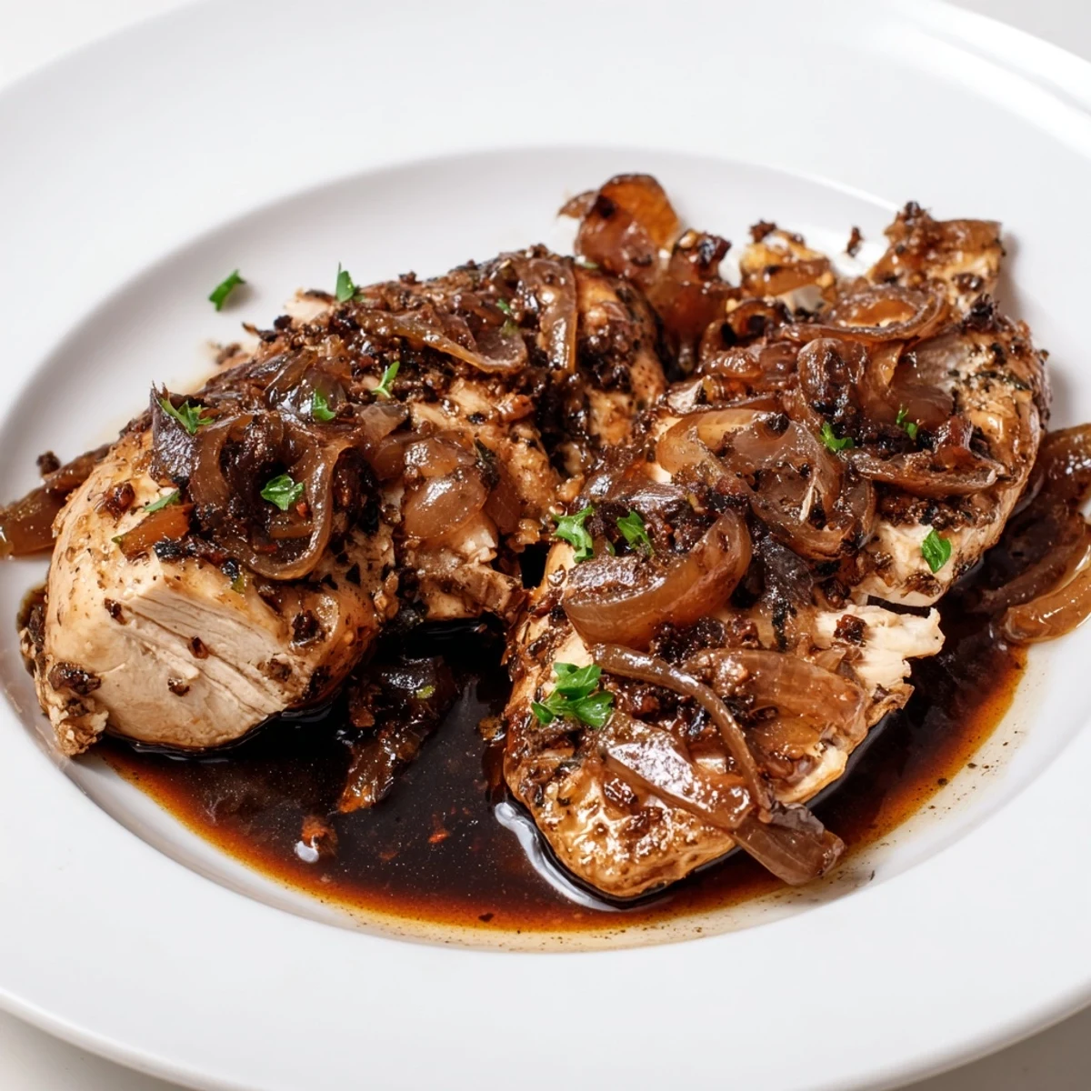 Tender Slow Cooker Balsamic Chicken with caramelized onions on a rustic dinner plate
