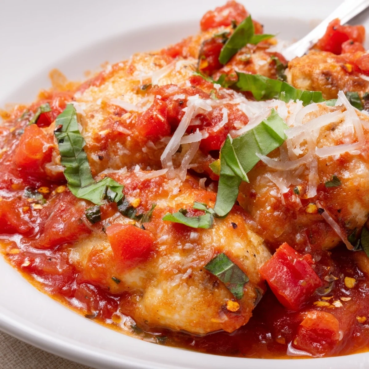 Golden seared Chicken Pomodoro Delight nestled in rich tomato basil sauce with melted Parmesan