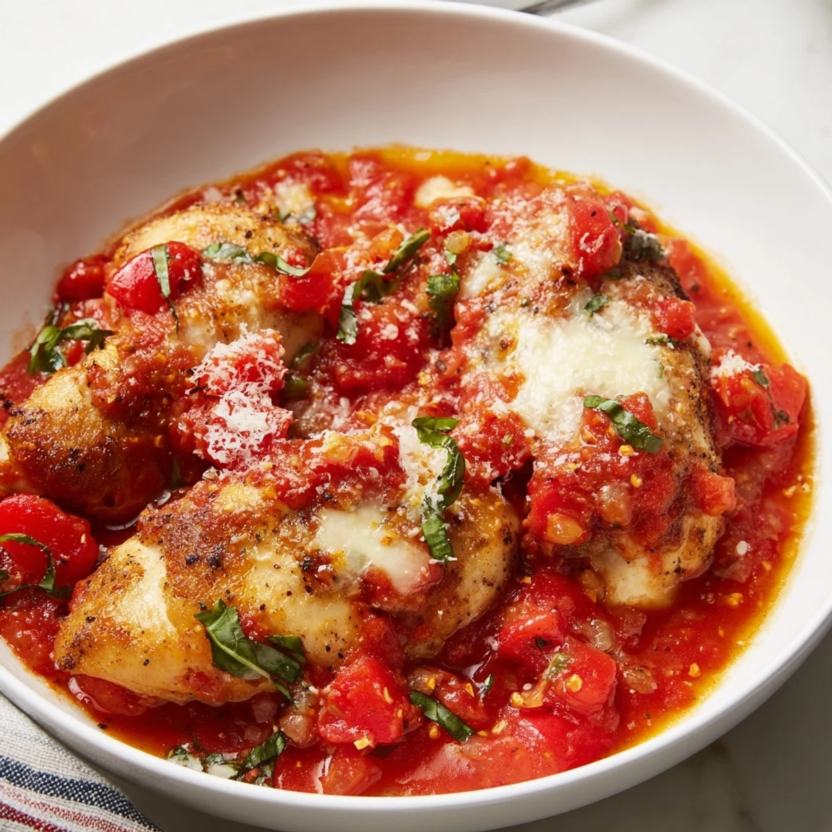 Tender Chicken Pomodoro Delight topped with fresh basil and served over gluten-free pasta