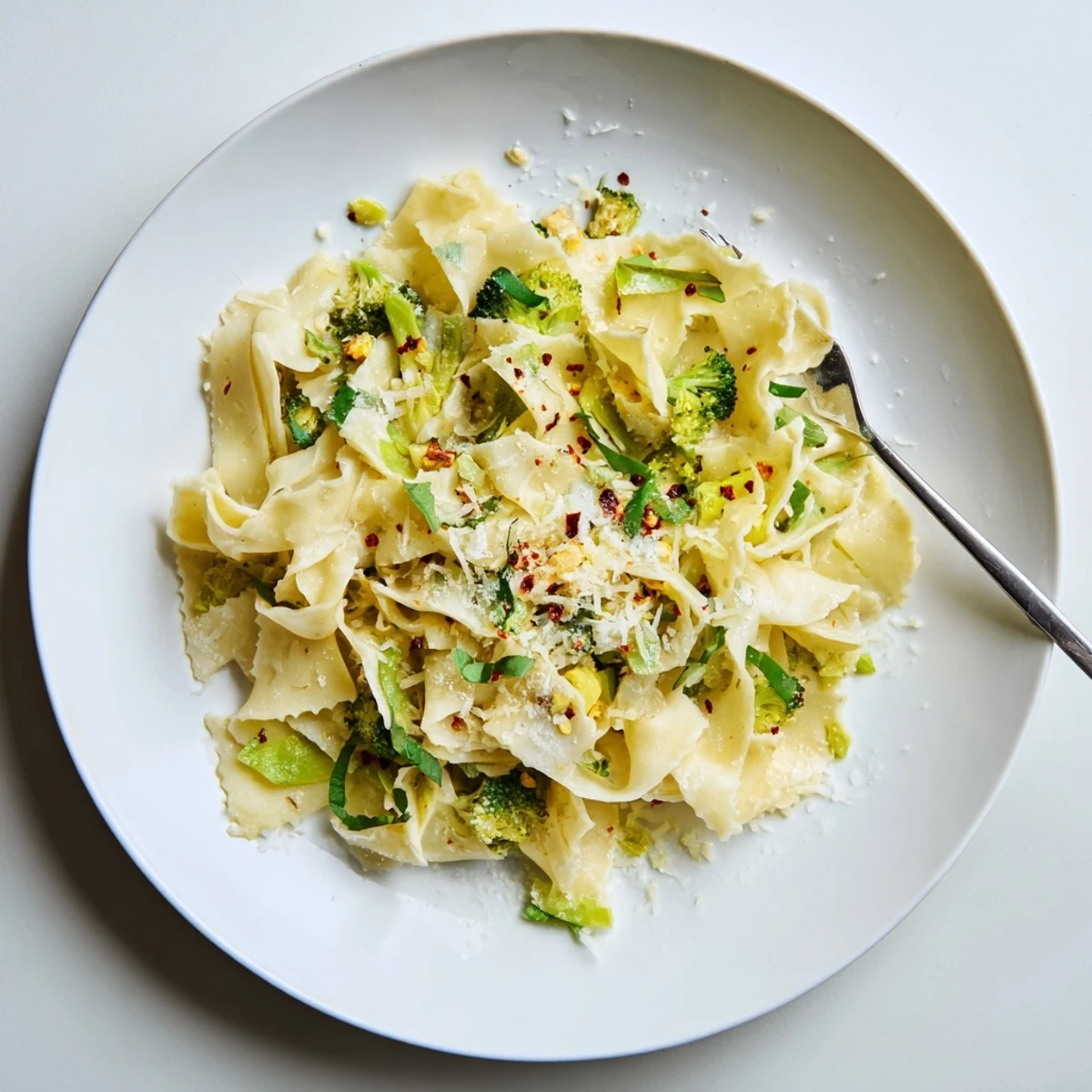 Bright mafaldine limone broccoli pasta with tender florets in a silky lemon Parmesan sauce