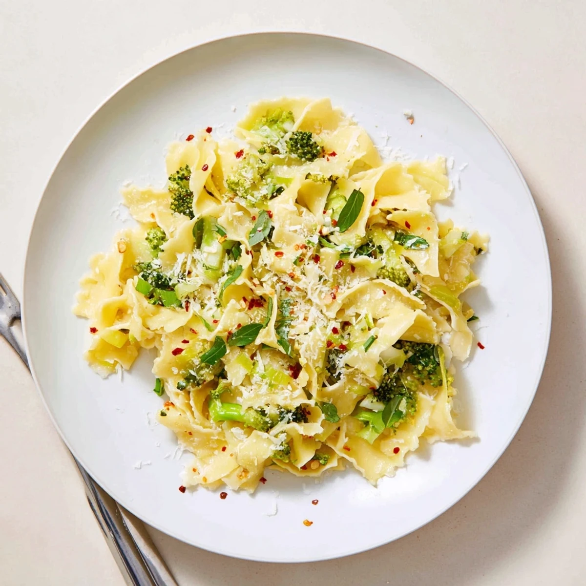 Steaming plate of mafaldine limone broccoli pasta garnished with basil and grated Parmesan