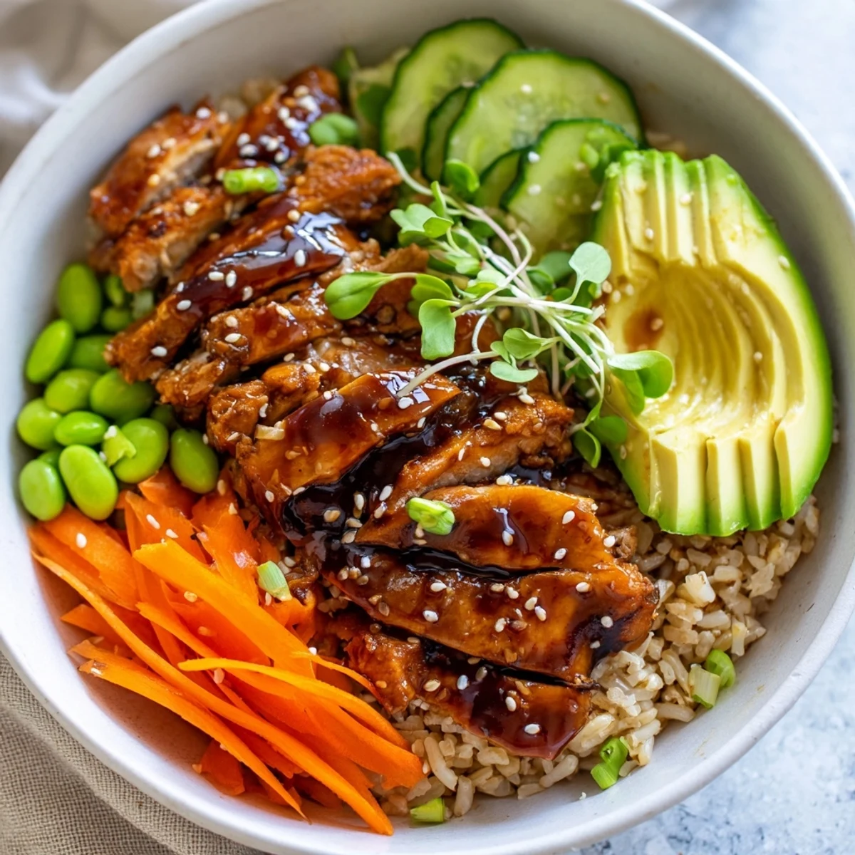 Glossy teriyaki chicken grain bowl with colorful vegetables and sesame seeds