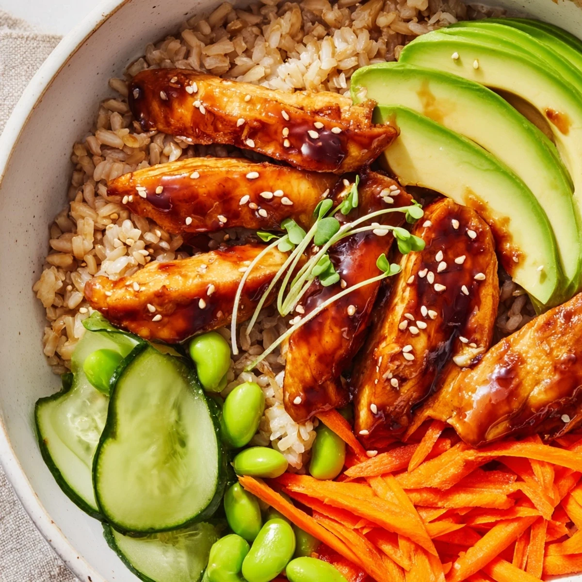 Steaming teriyaki chicken grain bowl topped with julienned carrots and edamame