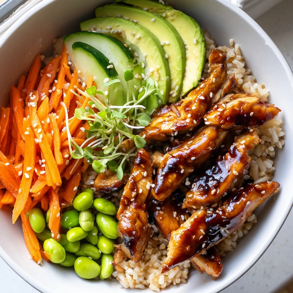 Teriyaki chicken grain bowl served over brown rice with fresh avocado slices