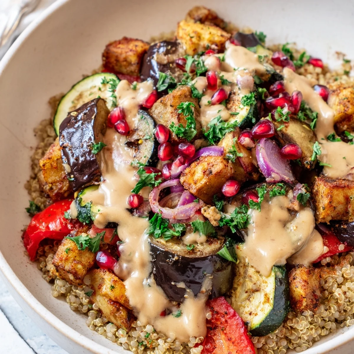 Colorful eggplant grain bowl topped with roasted veggies and creamy tahini dressing