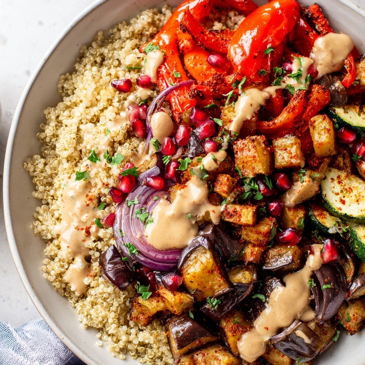 Hearty eggplant grain bowl featuring tender caramelized vegetables and fresh herbs