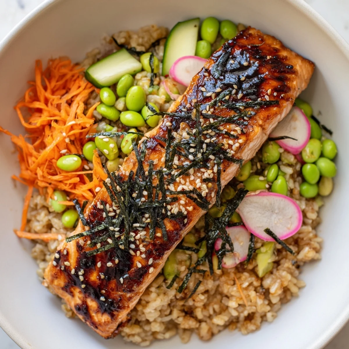 Tender miso-glazed salmon resting on hearty grains with vibrant fresh vegetables