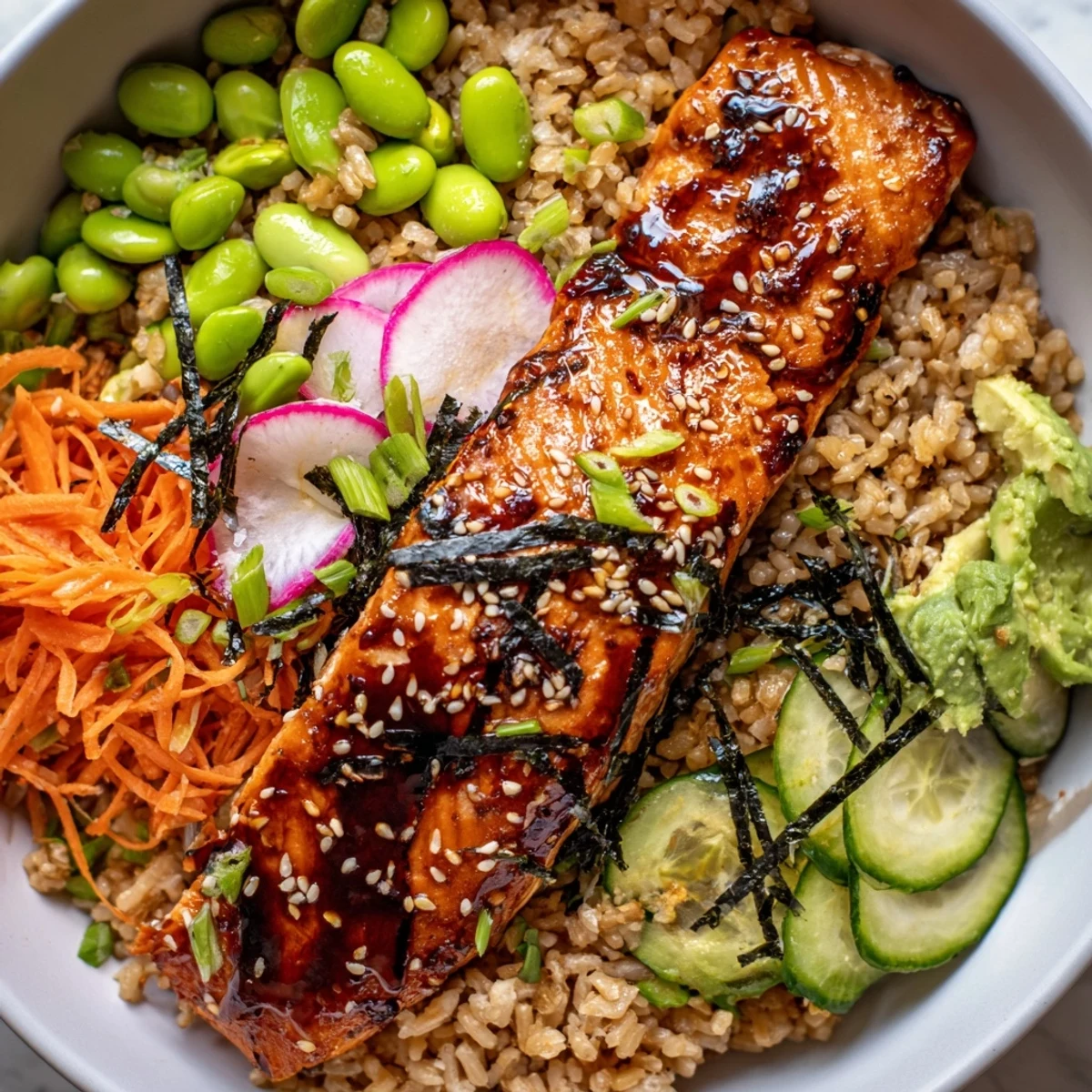 Caramelized miso salmon fillet served over brown rice alongside avocado and crisp edamame