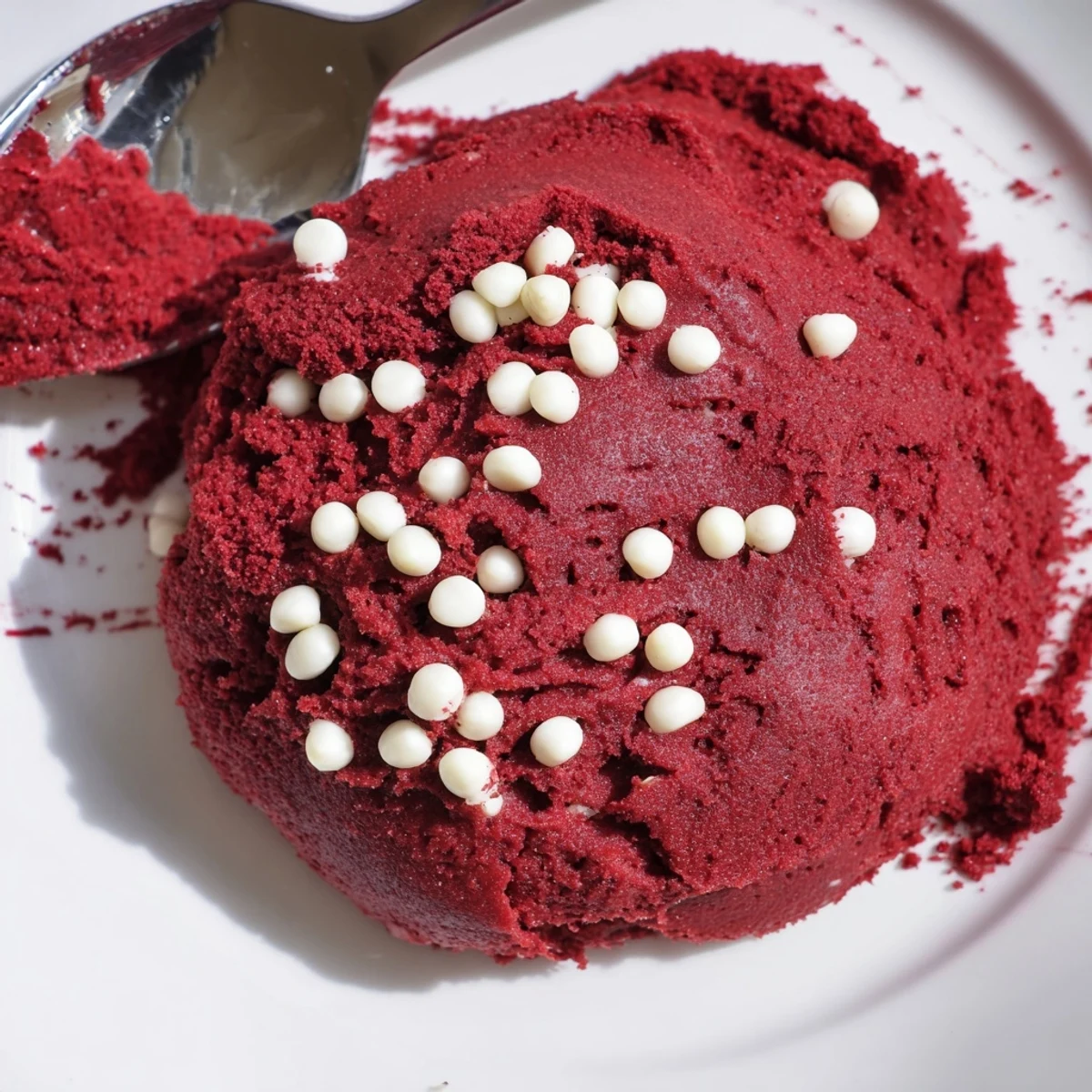 Creamy red velvet cookie dough speckled with white chocolate chips in a rustic bowl