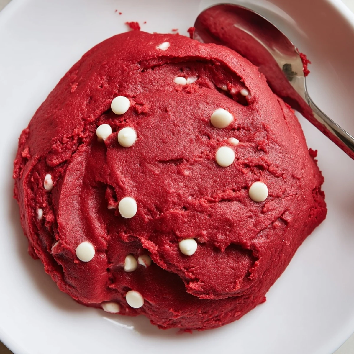 Vibrant red velvet cookie dough scooped into bite-sized balls dusted with cocoa powder
