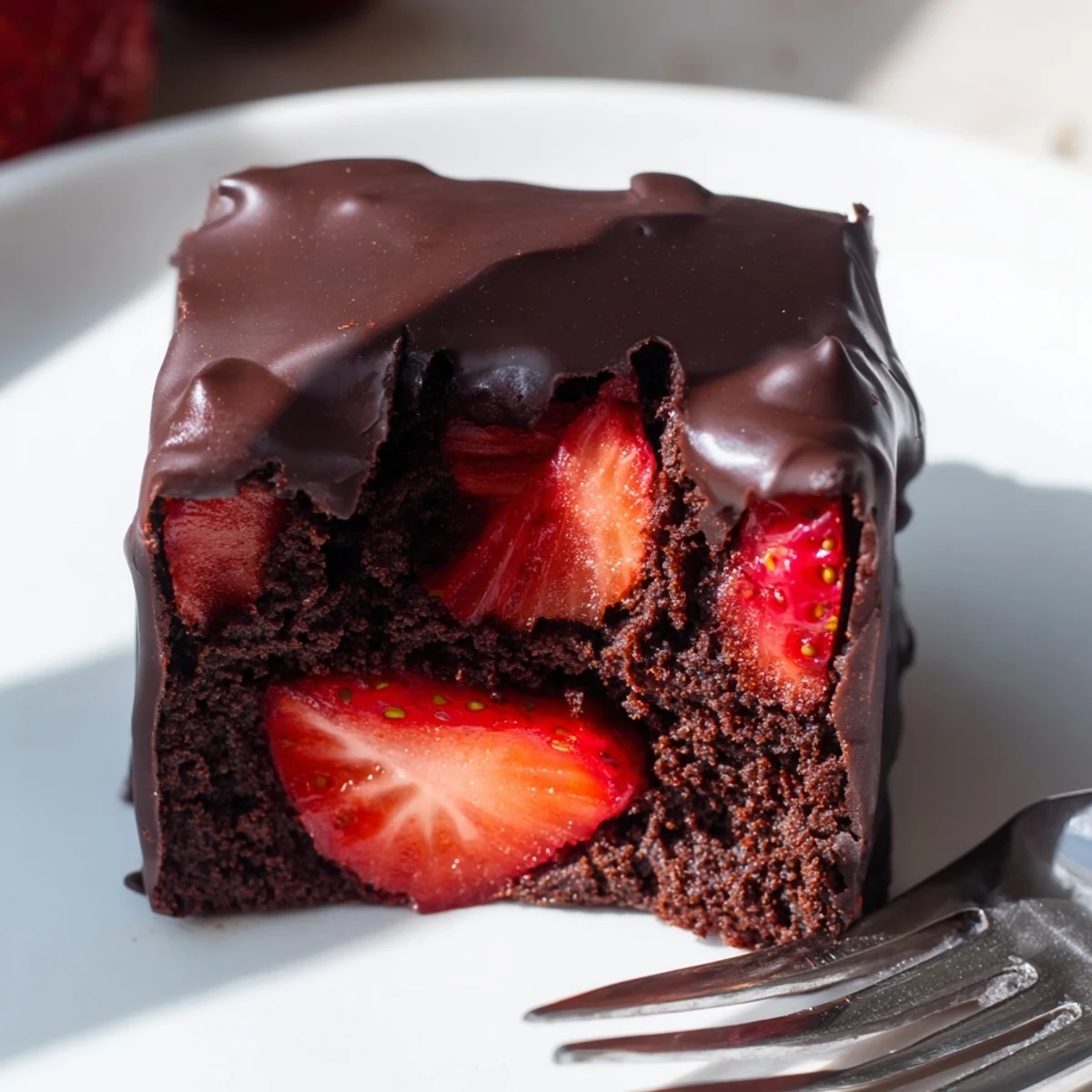 Fudgy chocolate covered strawberry brownies topped with fresh berry halves and chocolate drizzle