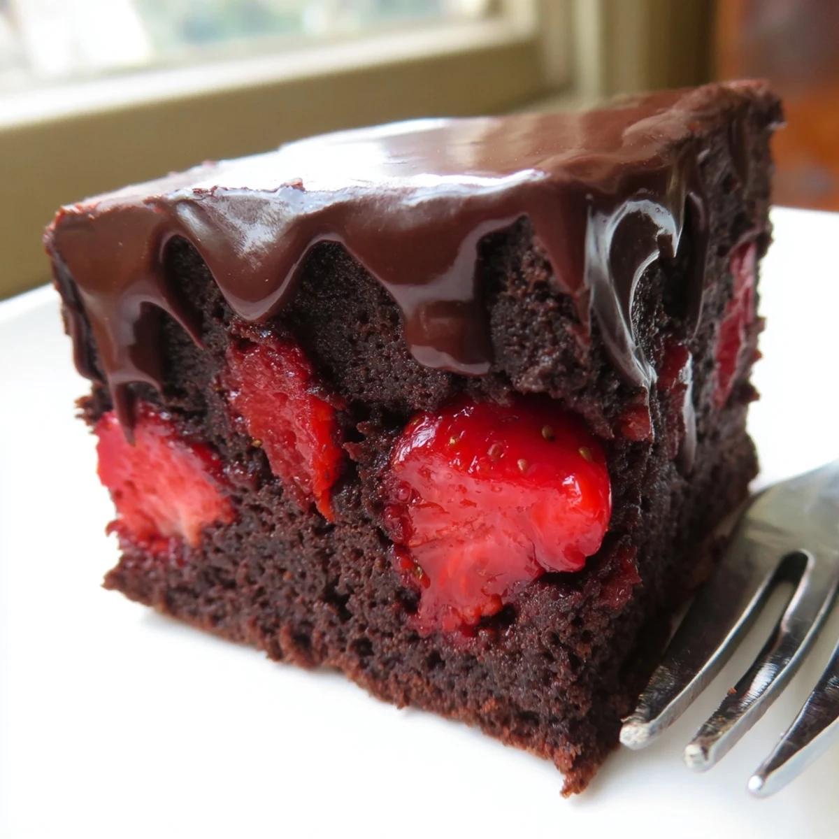 Rich chocolate covered strawberry brownies sliced into squares with glossy ganache topping