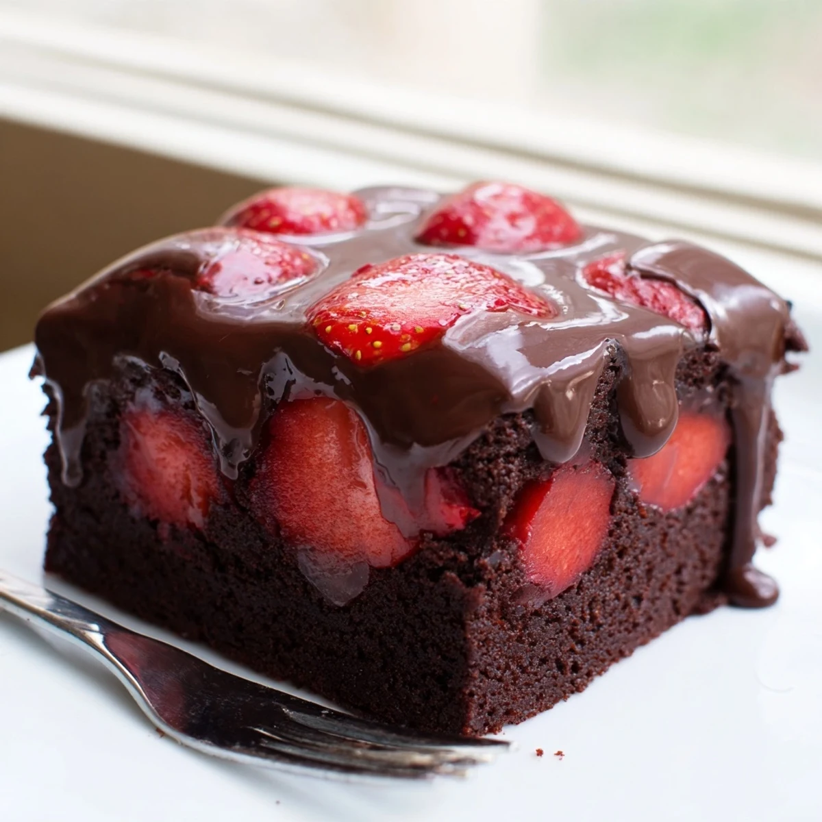 Decadent chocolate covered strawberry brownies cut into neat squares on a rustic serving board