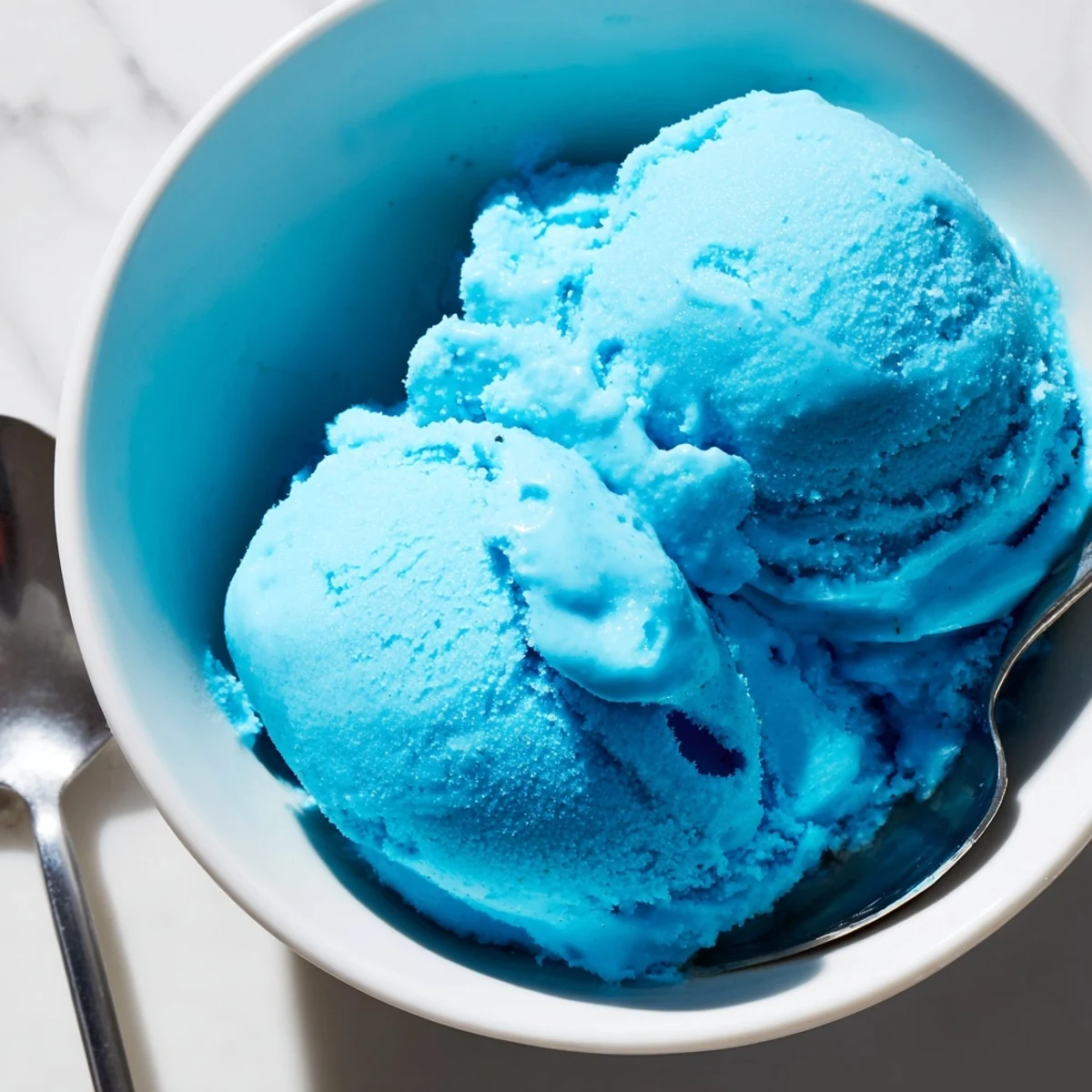 Creamy Blue Moon Ice Cream scooped into a crispy waffle cone with colorful sprinkles