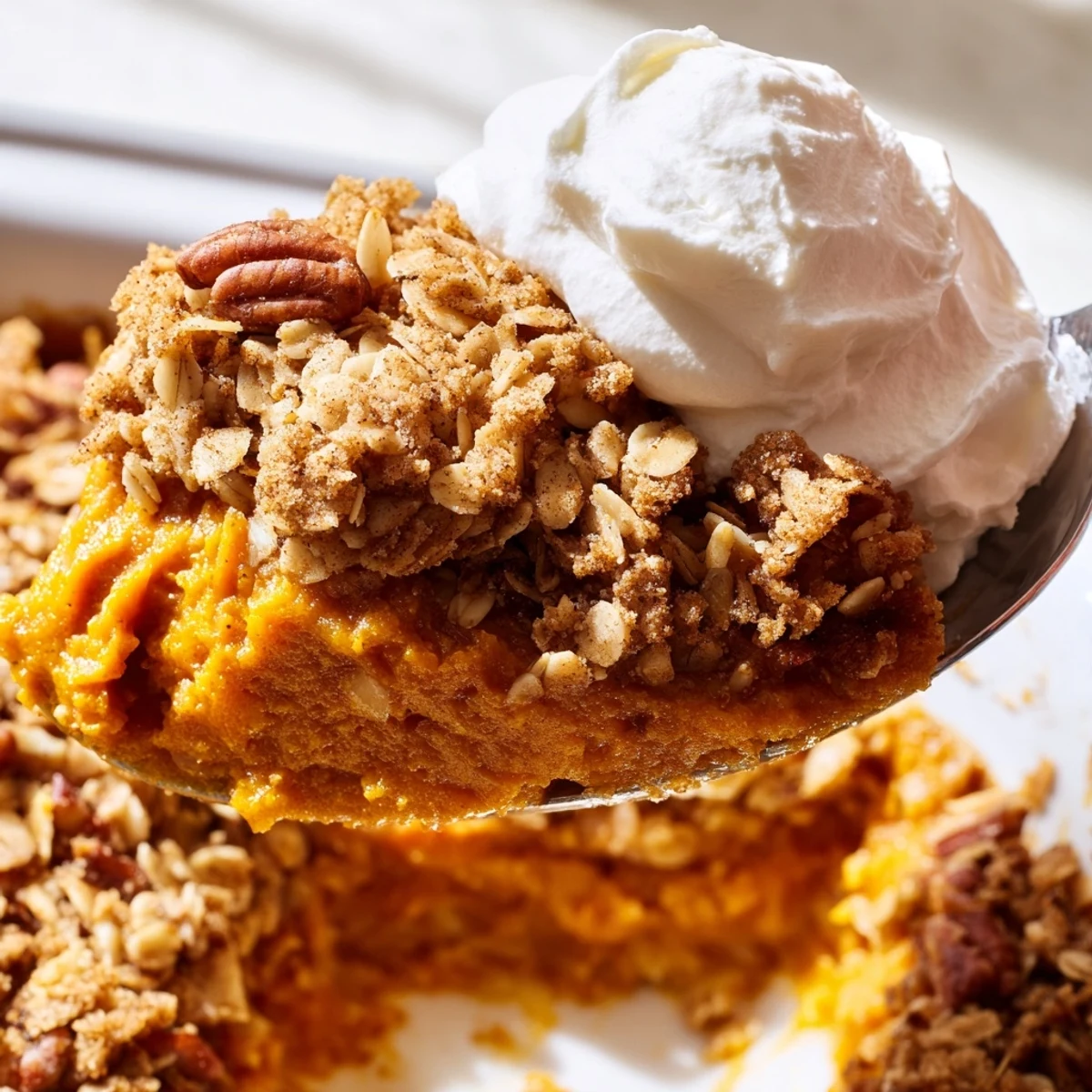 Golden buttery pumpkin pie crisp with spiced filling and crumbly oat pecan topping