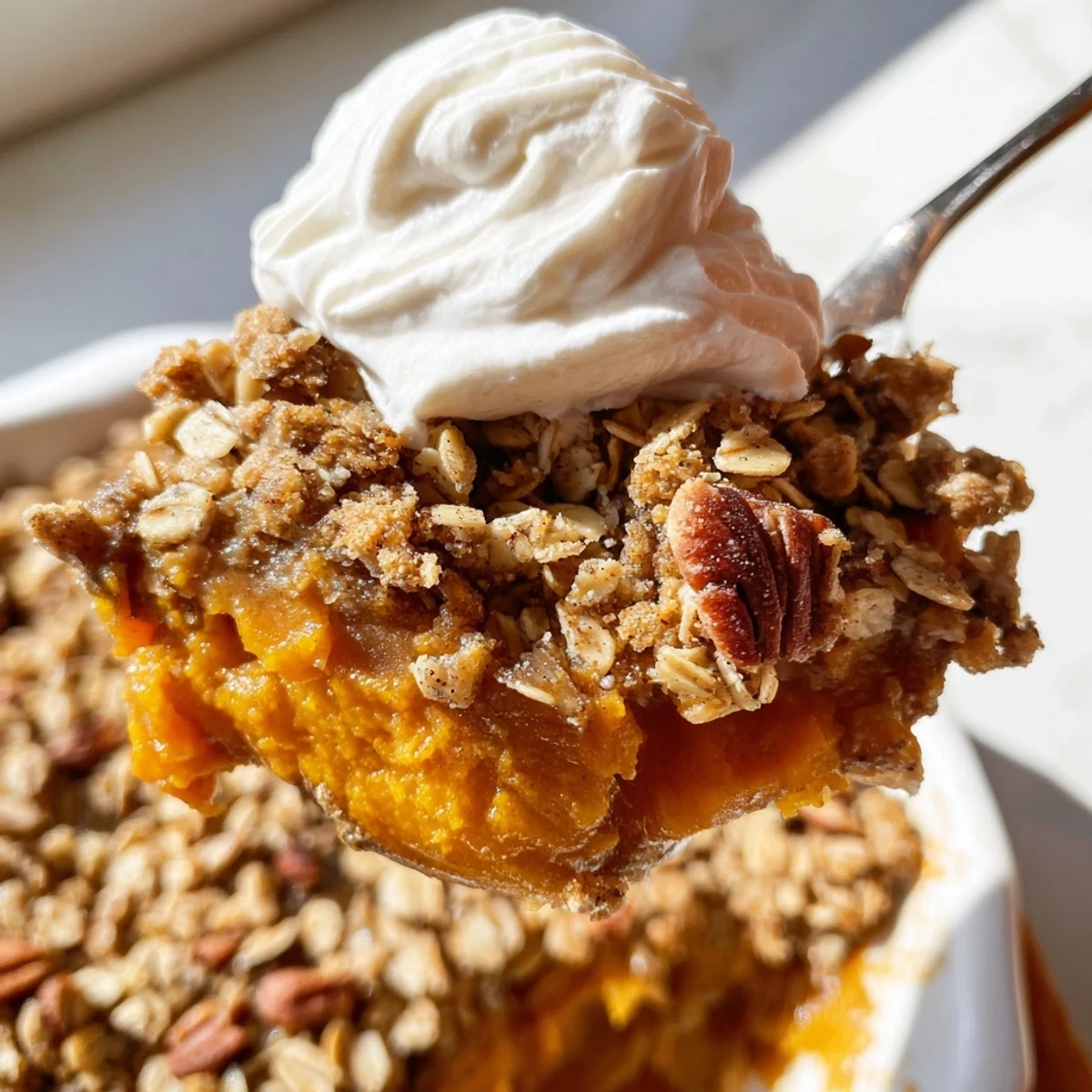 Warm pumpkin pie crisp scooped into a bowl and topped with vanilla ice cream