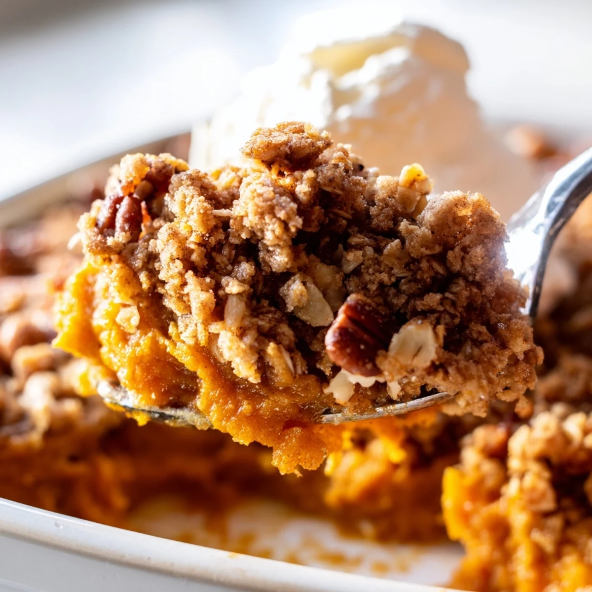 Creamy pumpkin pie crisp fresh from the oven with a crunchy cinnamon topping