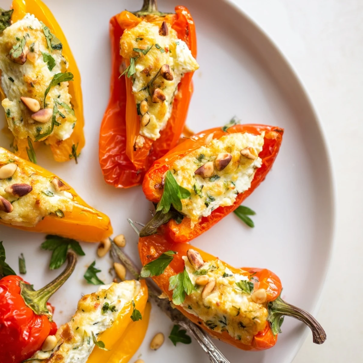 Golden roasted goat cheese stuffed mini peppers garnished with fresh herbs on a rustic baking sheet
