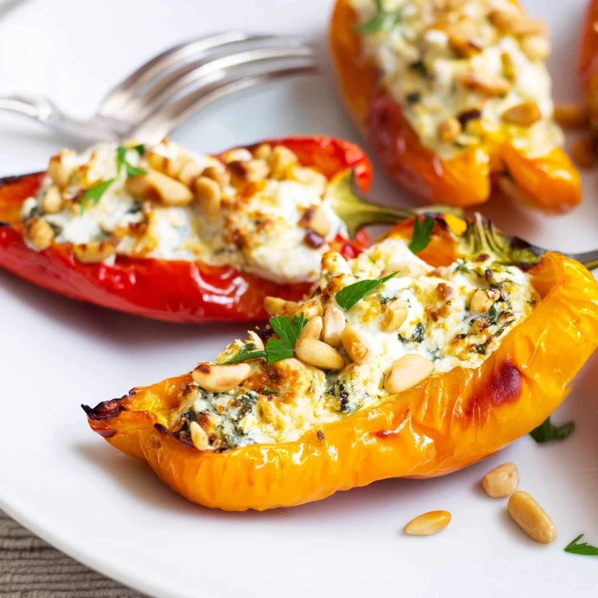 Vibrant halved mini peppers oozing with warm herbed goat cheese filling straight from the oven