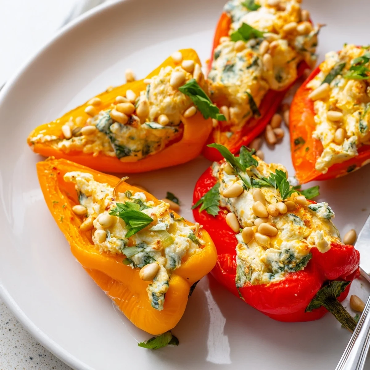 Creamy goat cheese bursting from tender roasted mini peppers drizzled with olive oil and pine nuts
