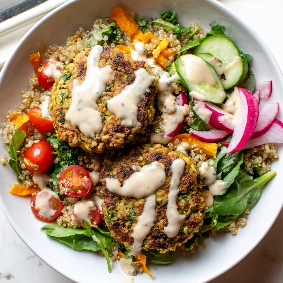 Crispy golden falafel grain bowl topped with fresh vegetables and creamy tahini drizzle