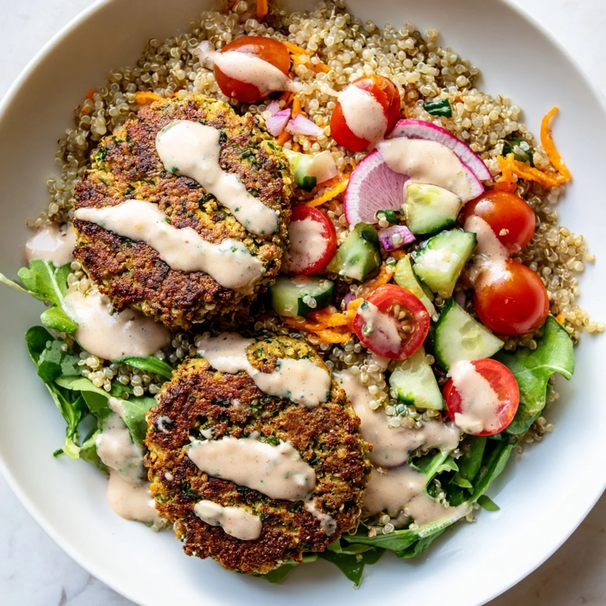 Colorful falafel grain bowl featuring herbed chickpea patties over fluffy quinoa and mixed greens