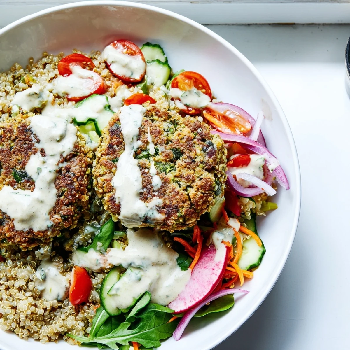 Warm falafel grain bowl served with shredded carrot cherry tomatoes and smooth tahini dressing