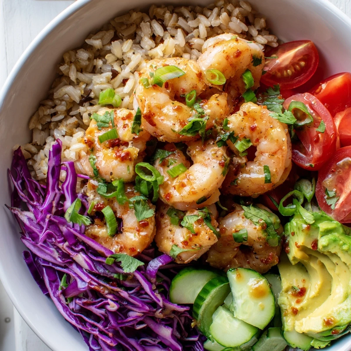 Smoky paprika shrimp grain bowl drizzled with tangy lime honey dressing close-up