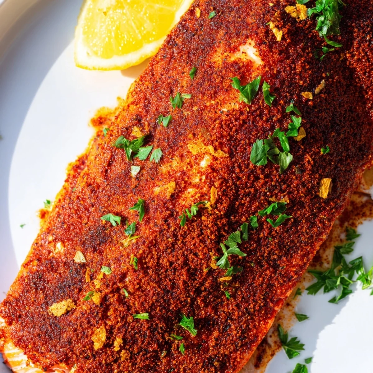 Golden oven baked Cajun salmon fillets garnished with fresh parsley and bright lemon wedges on a parchment-lined baking sheet