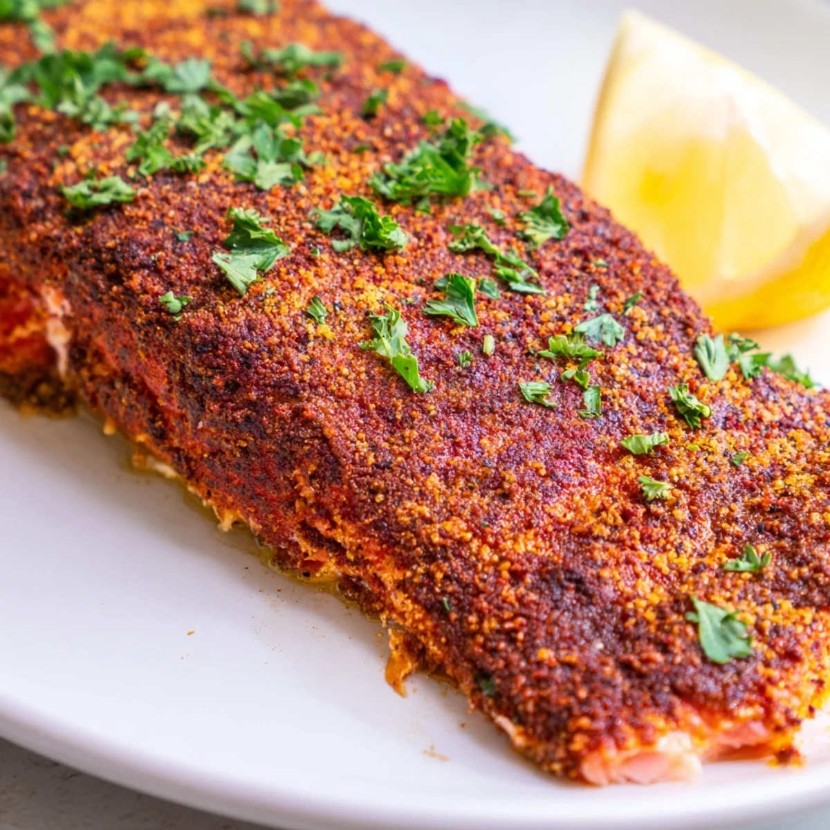 Spicy oven baked Cajun salmon with a rust-colored crust served alongside fluffy white rice and roasted vegetables
