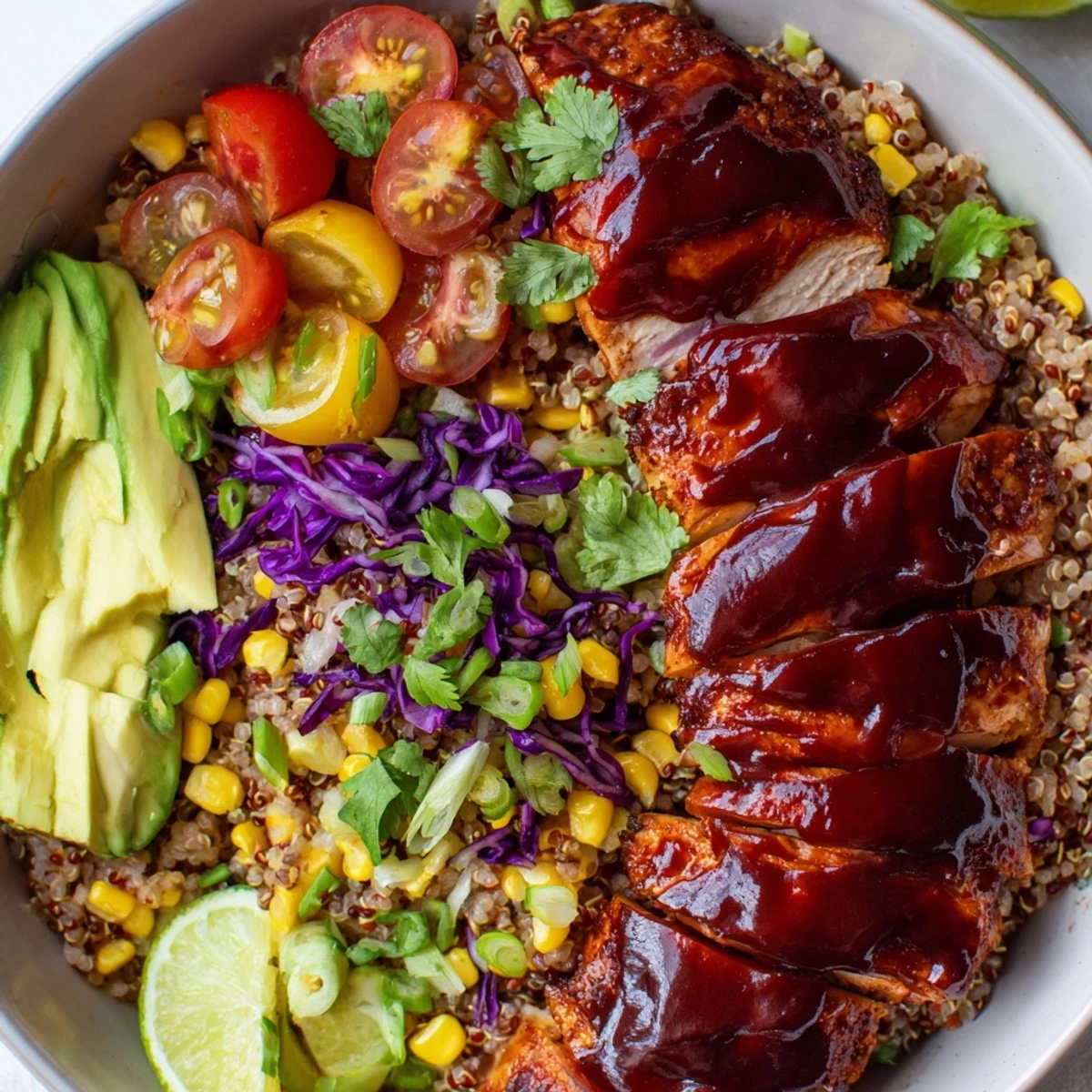 Smoky barbecue chicken grain bowl topped with fresh avocado and colorful vegetables
