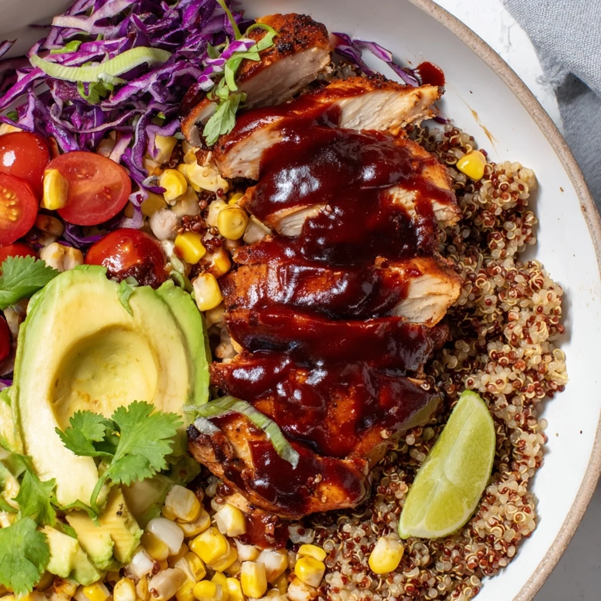 Barbecue chicken grain bowl with glossy glazed chicken sliced over brown rice