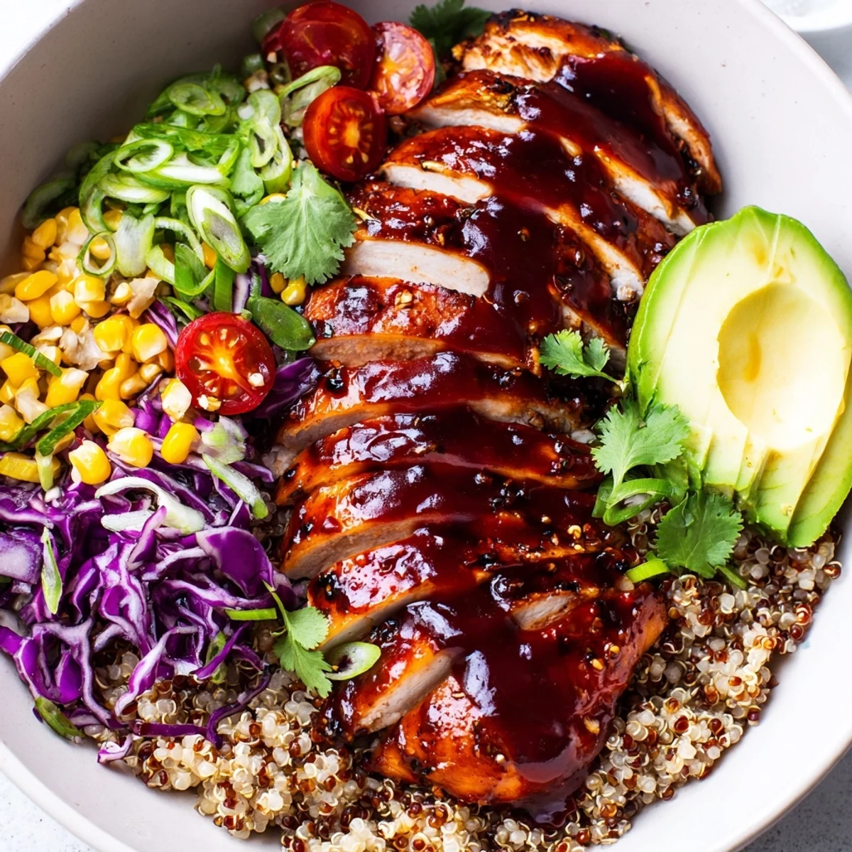 Hearty barbecue chicken grain bowl drizzled with sauce and bright cilantro garnish
