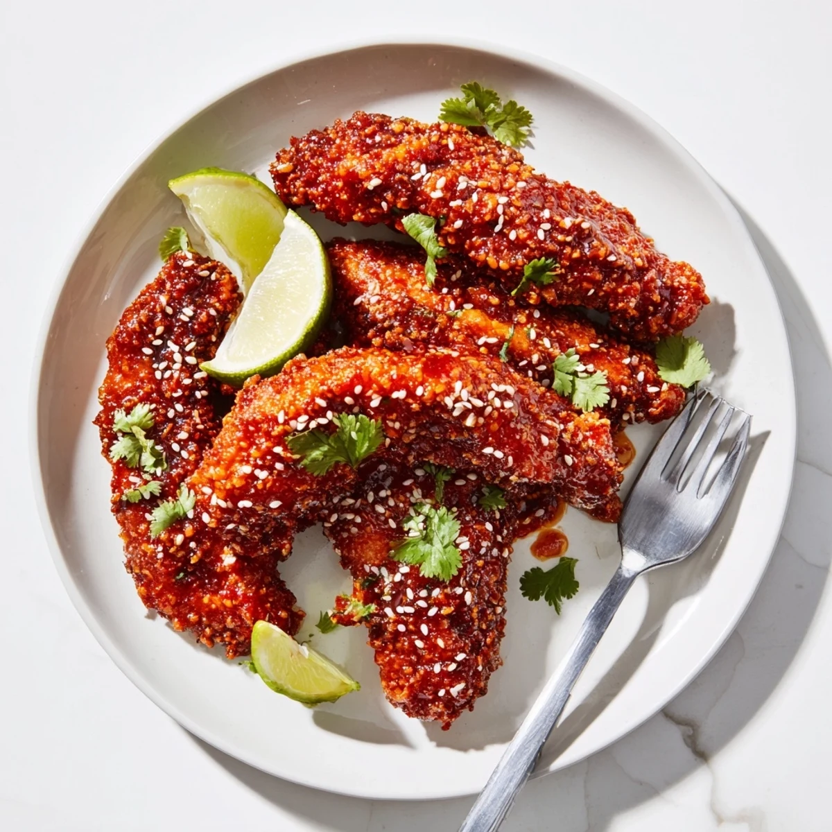 Crispy golden Thai sticky chicken fingers coated in a glossy sweet chili glaze