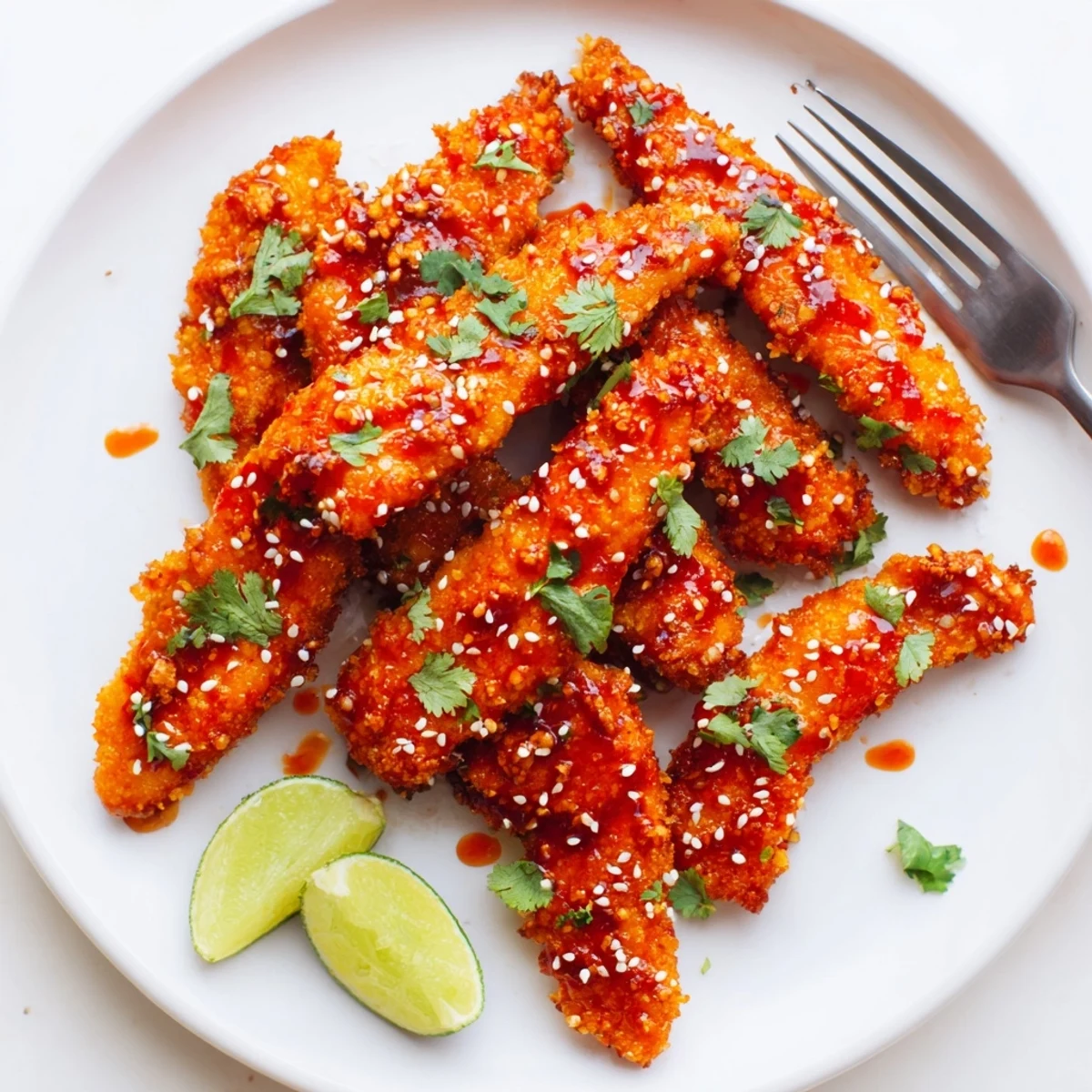 Thai sticky chicken fingers garnished with sesame seeds and fresh cilantro on a platter