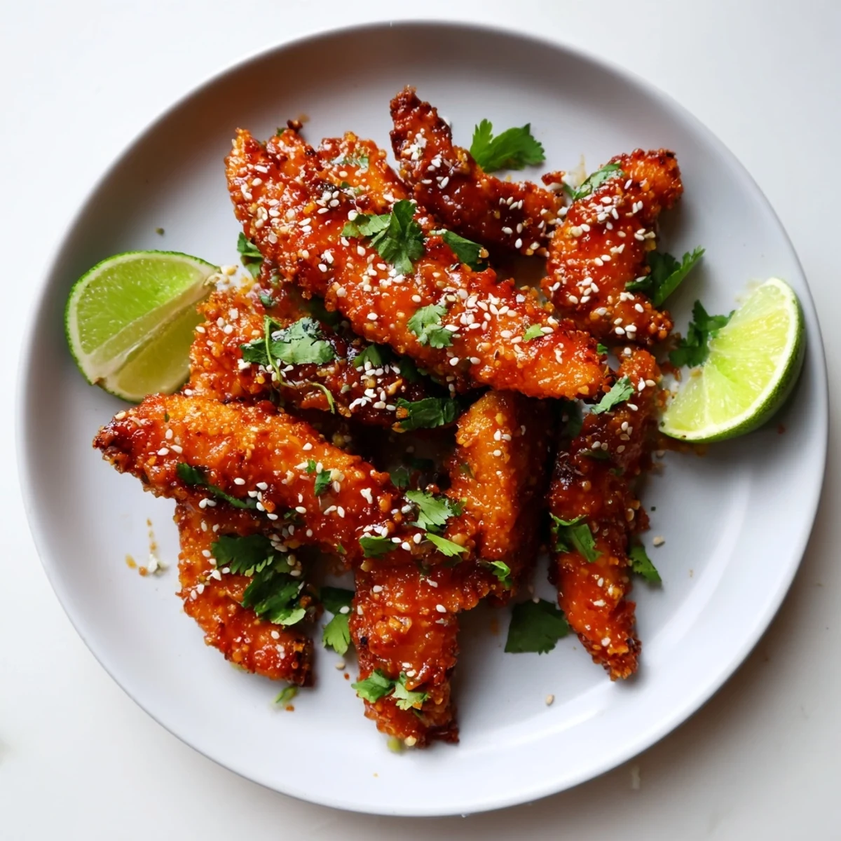 Juicy Thai sticky chicken fingers drizzled with tangy sauce and served with lime wedges