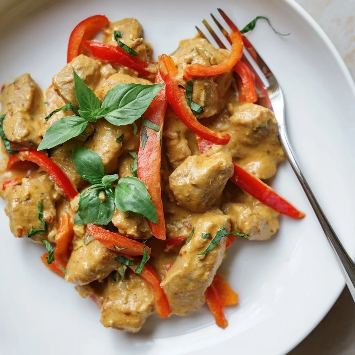 Golden basil chicken simmered in rich, creamy coconut curry sauce with fresh herb garnish