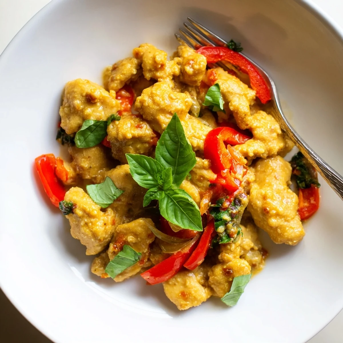 Tender chicken pieces coated in fragrant coconut curry sauce topped with bright basil leaves