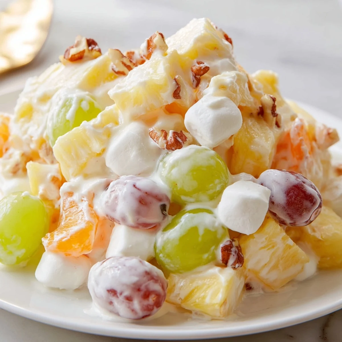 Chilled creamy pineapple salad topped with toasted pecans and halved grapes
