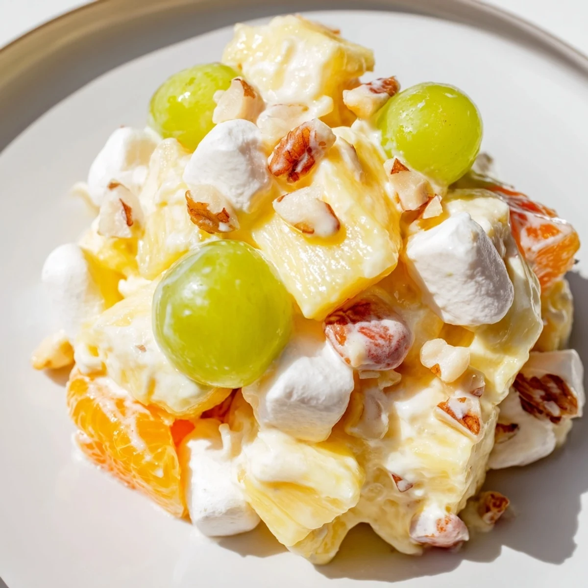 Creamy pineapple salad nestled in a bright serving bowl with juicy fruit chunks