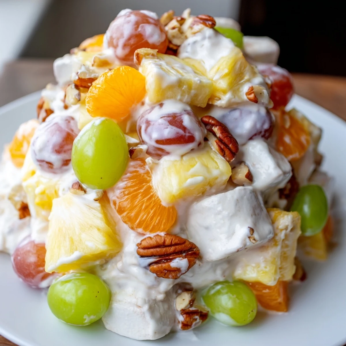 A scoop of creamy pineapple salad glistening with tangy dressing on a sunny plate