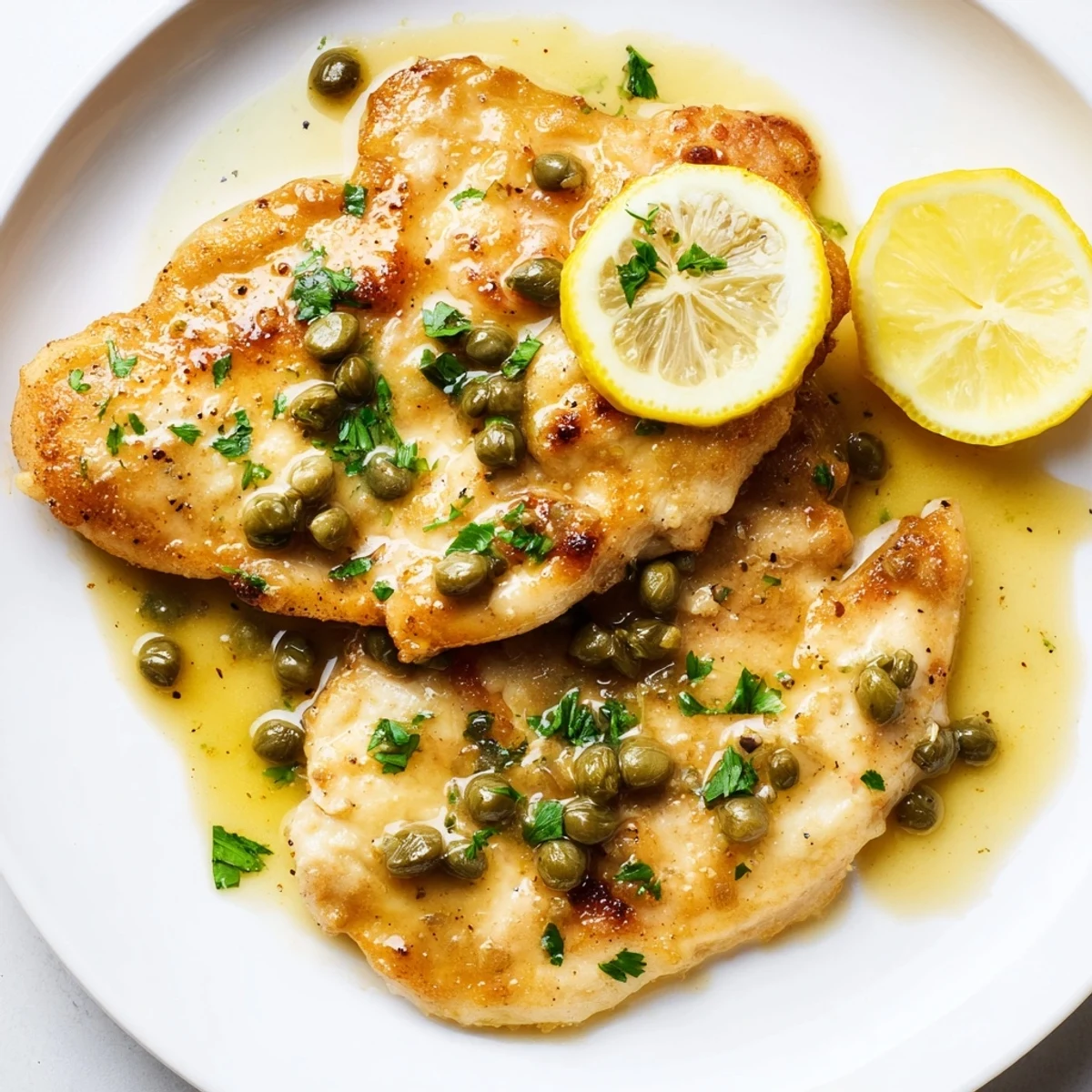 Juicy crock pot lemony chicken piccata garnished with fresh parsley and lemon slices.
