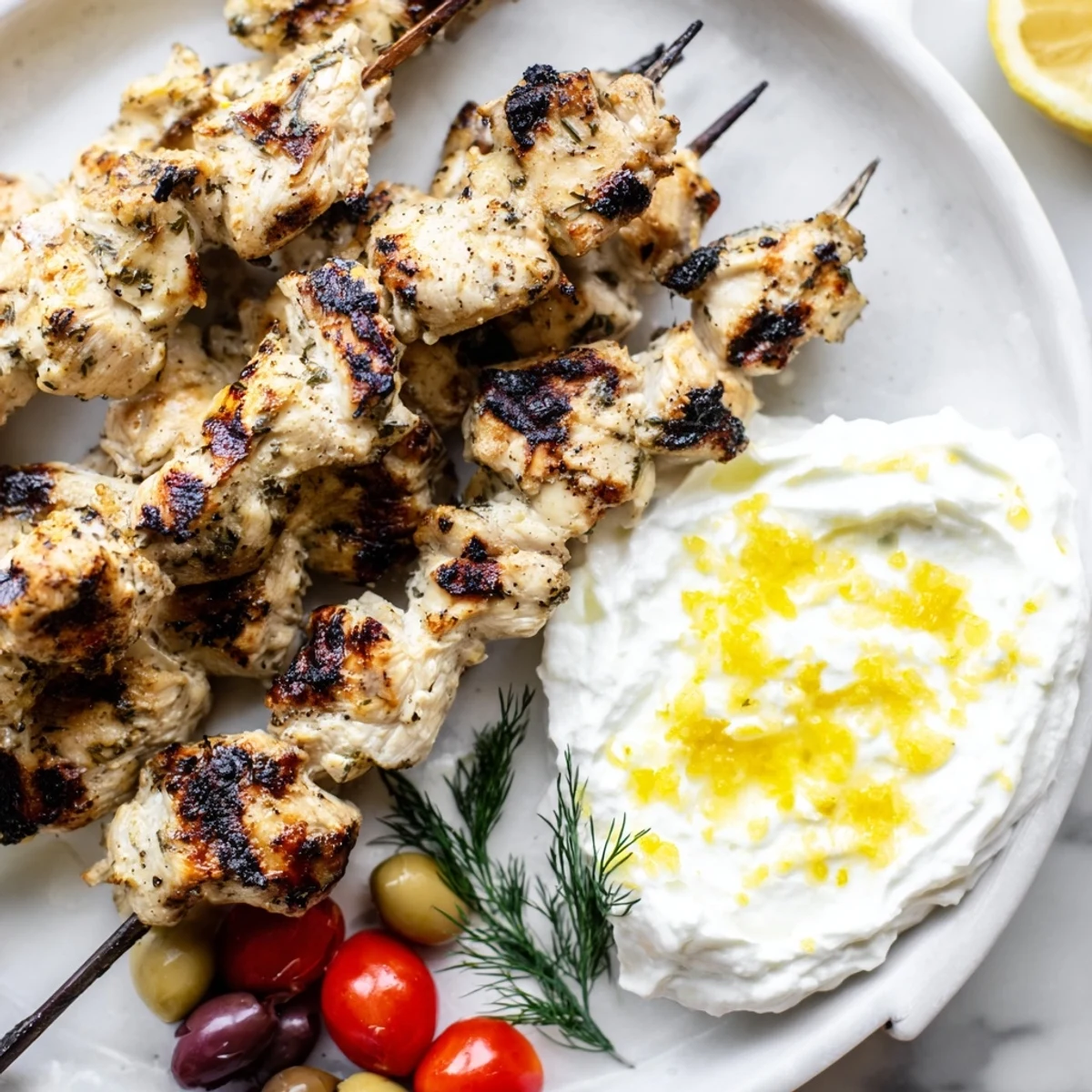 Golden grilled Greek chicken souvlaki grazing board piled high with fresh Mediterranean fixings