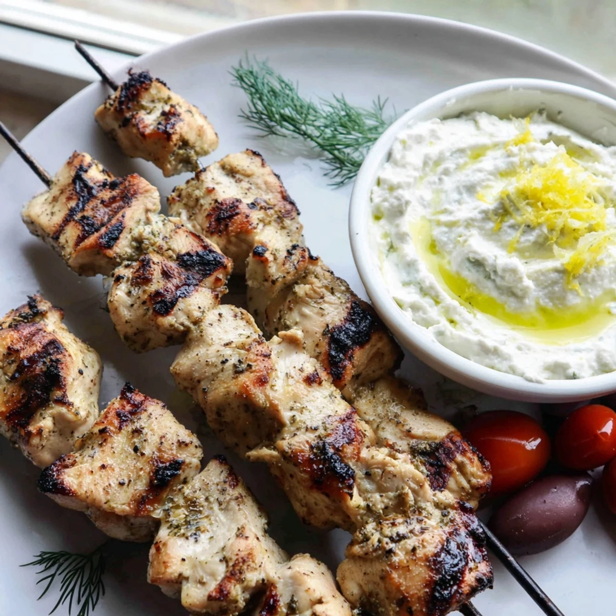 Juicy charred Greek chicken souvlaki skewers arranged on a vibrant party platter with whipped garlic feta dip