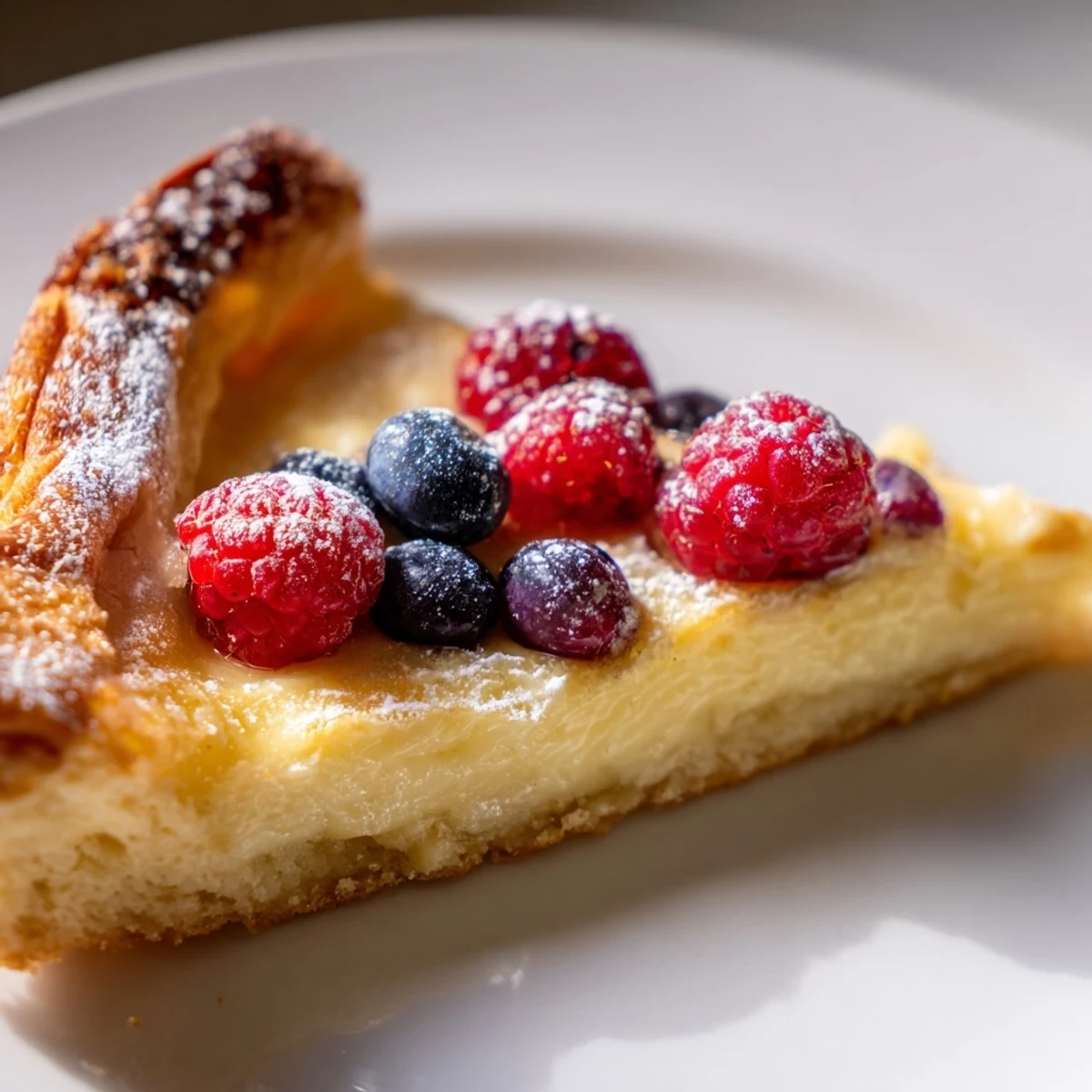Golden baked custard brioche pizza with silky vanilla filling and caramelized edges