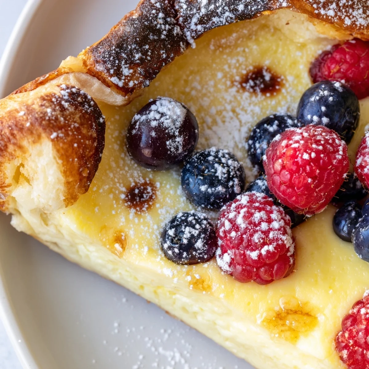 Warm baked custard brioche pizza sliced and dusted with snowy powdered sugar